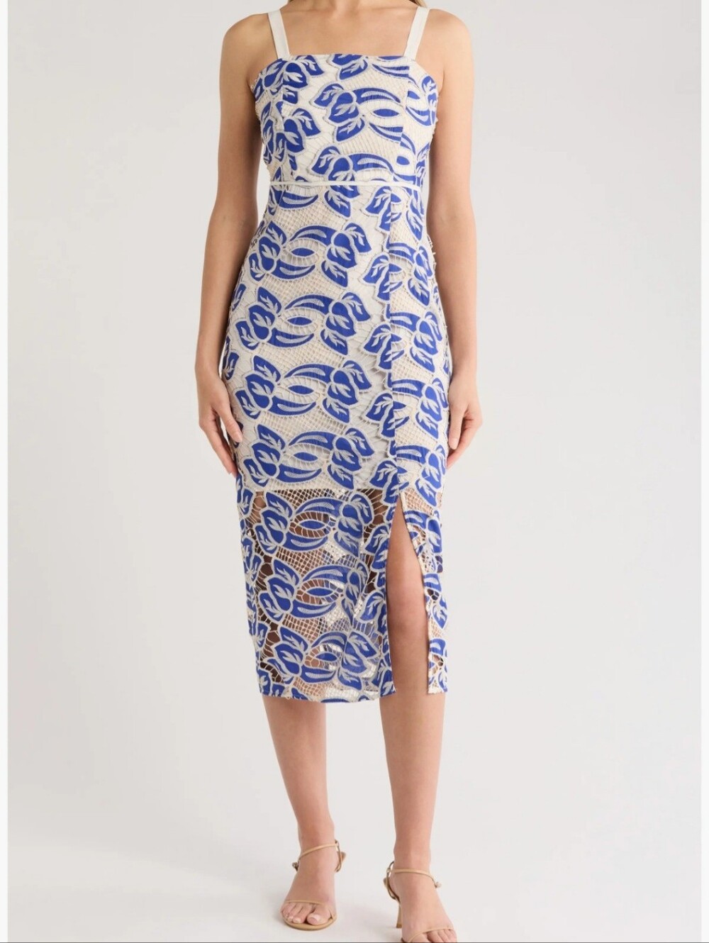 Blue and White Floral Lace Midi Dress